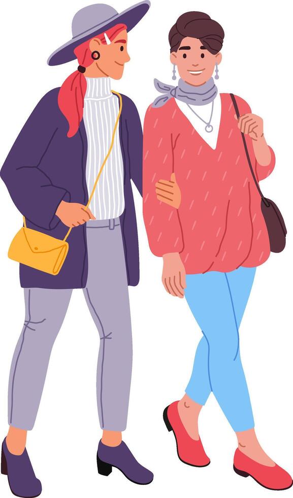 Two androgynous non binary people are walking together arm in arm, showcasing their fashionable outfits and accessories while enjoying each other's company on a leisurely stroll vector