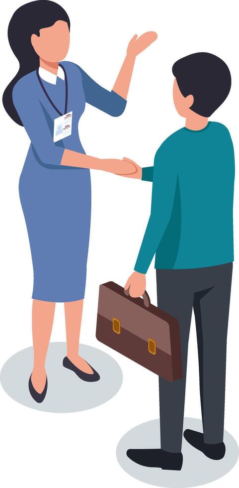 Businesswoman wearing a badge shaking hands with a businessman holding a briefcase, discussing key points during a business meeting, fostering collaboration and partnership vector