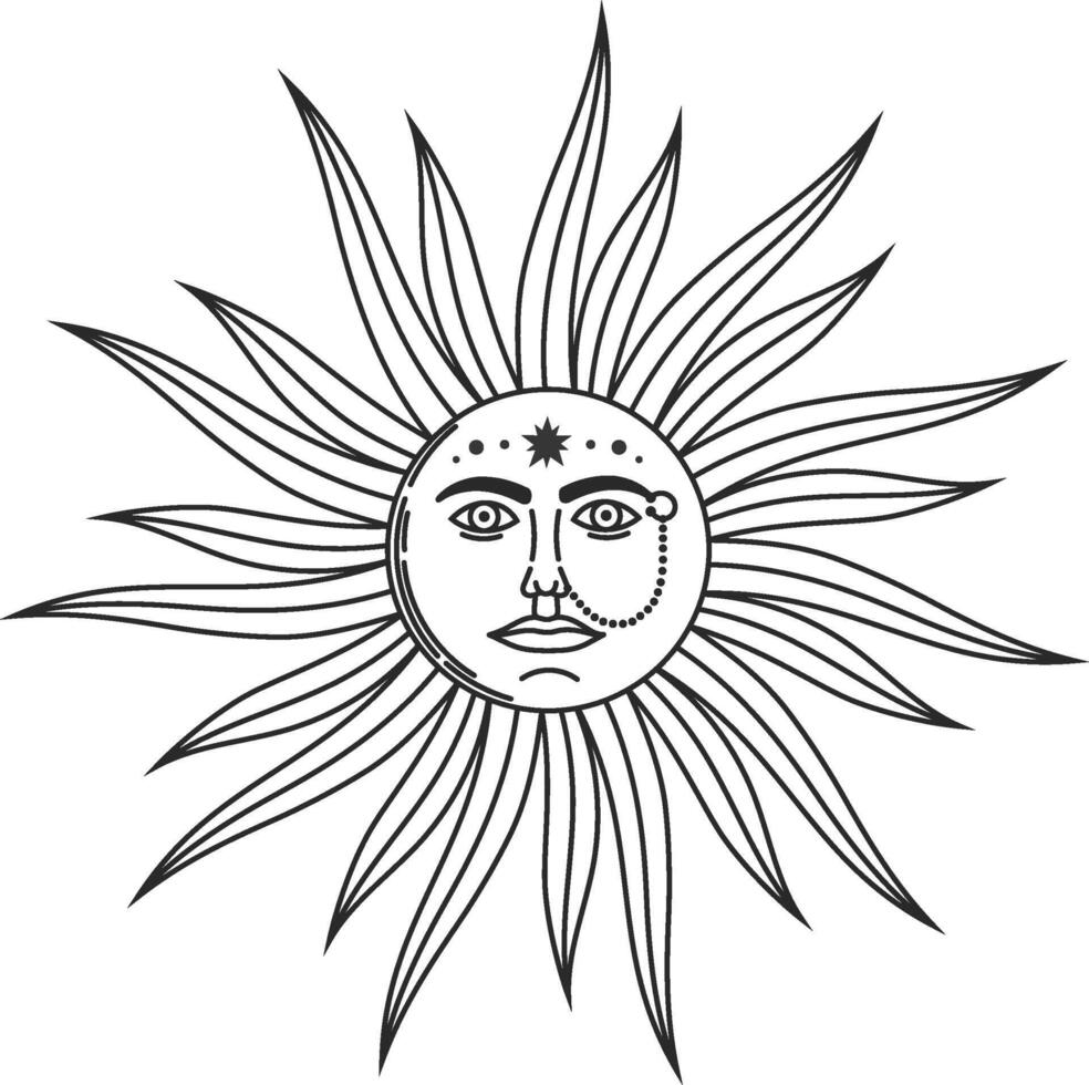 Illustration of a stylized sun with a face, jewelry, and stars, shining brightly with long, flowing rays, creating a mystical and celestial atmosphere vector