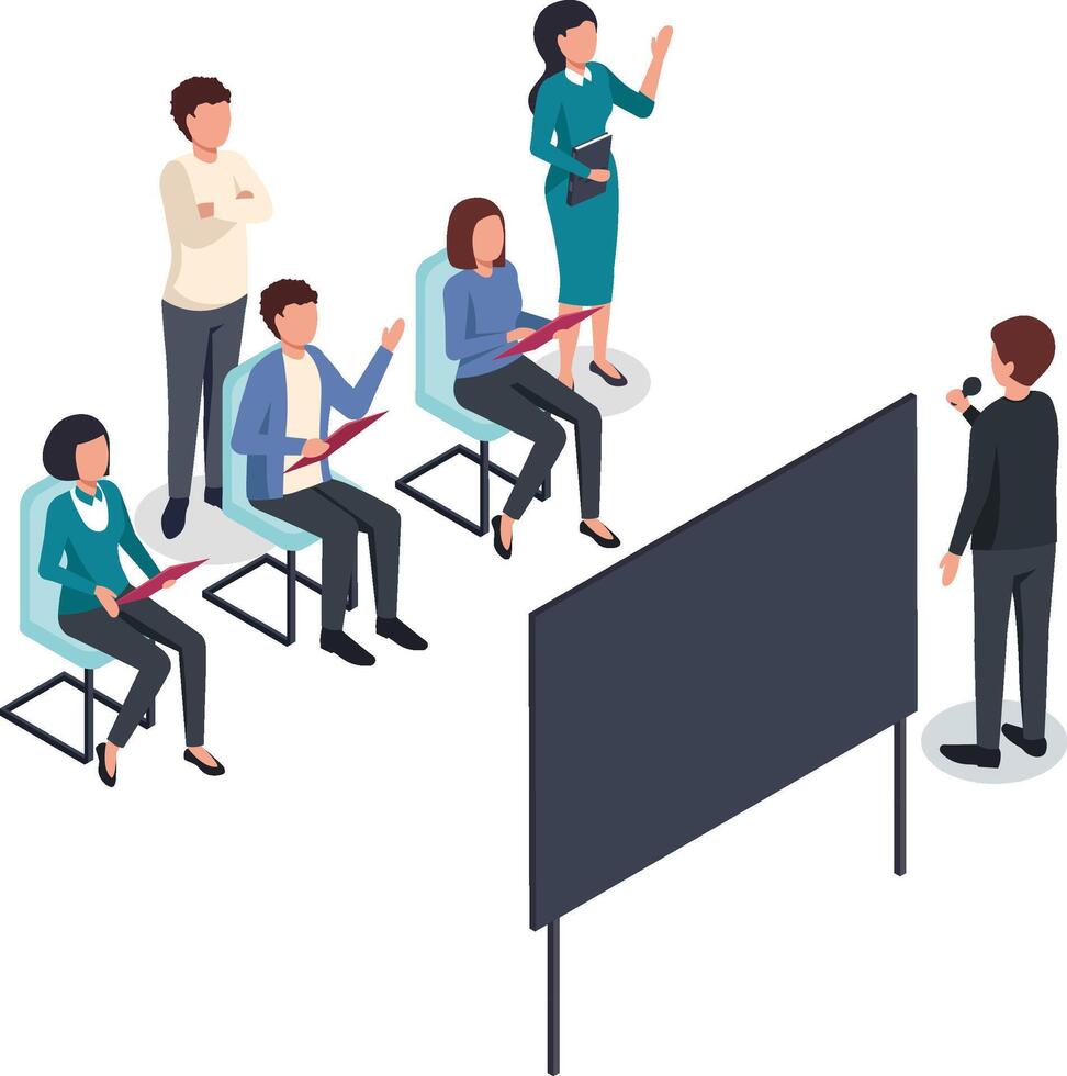 Office workers are sitting on chairs and listening to their colleague making a presentation holding a microphone, asking questions and taking notes vector