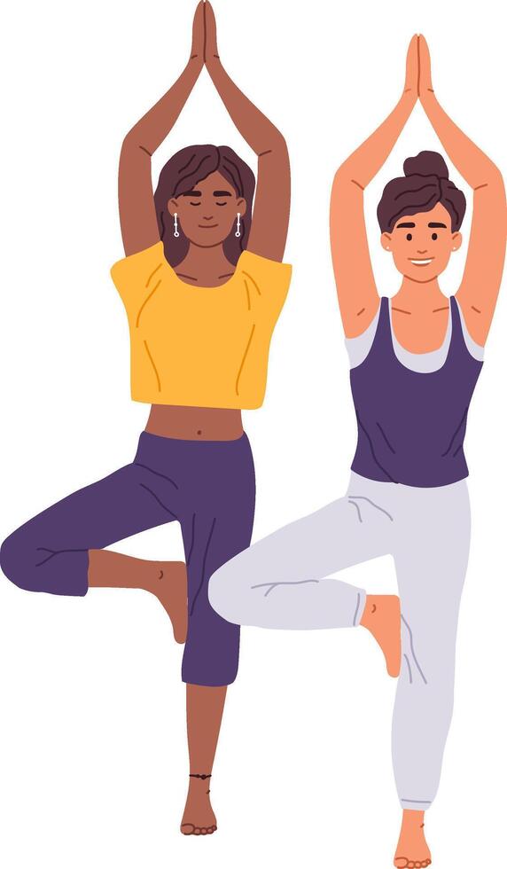 Two diverse women practicing the yoga tree pose, embodying health, wellness, and mindfulness while promoting balance and harmony in their active lifestyles and fitness journeys vector