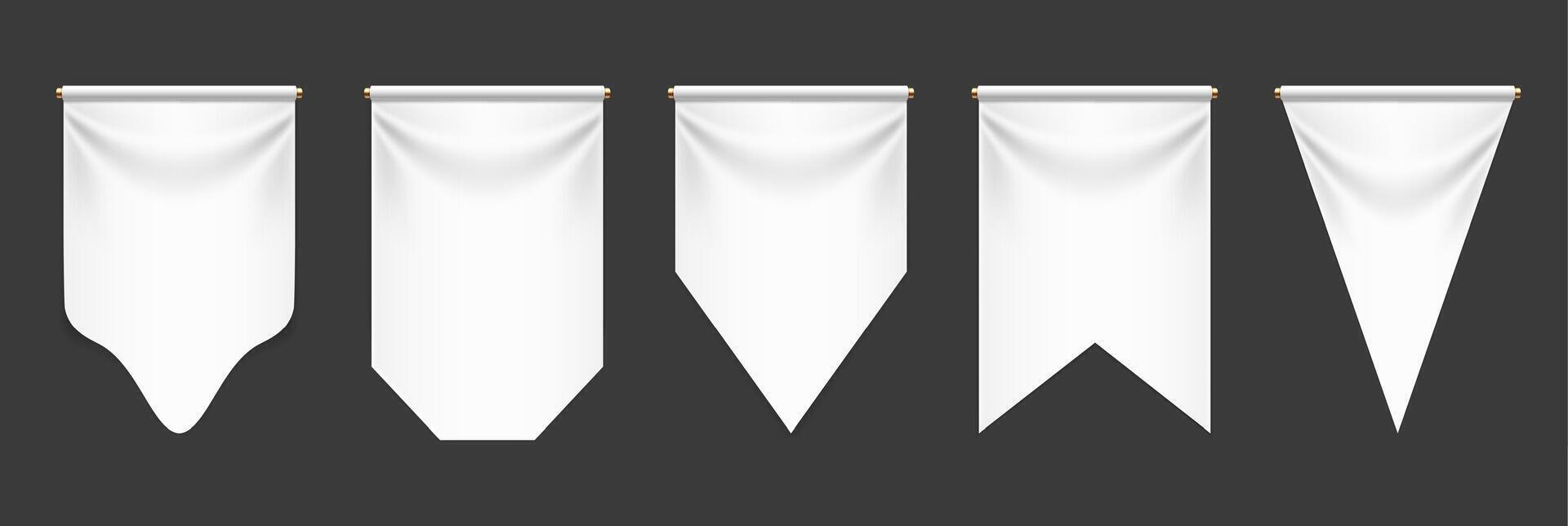 White pennant flags. 3D blank vertical textile banners. Medieval heraldic empty cotton fabric ensign templates. Realistic mockups for advertising vector