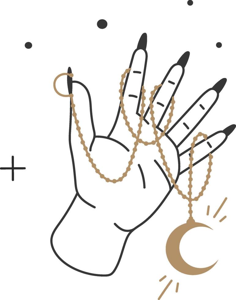 Minimalist line art illustration of a hand with long black nails holding golden chains with a crescent moon pendant, symbolizing spirituality, mysticism, and astrology vector