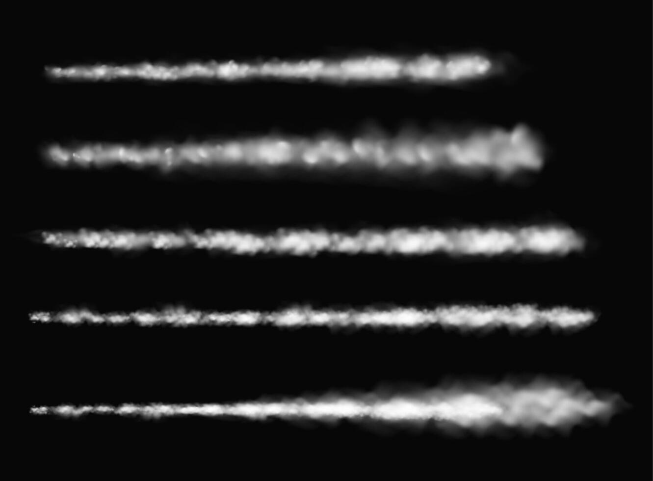 Smoke tail. Realistic white smoke plane track. Airplane, fly jets trail, speed cloud trails. Jet or rocket vapor steam tracks. isolated set vector