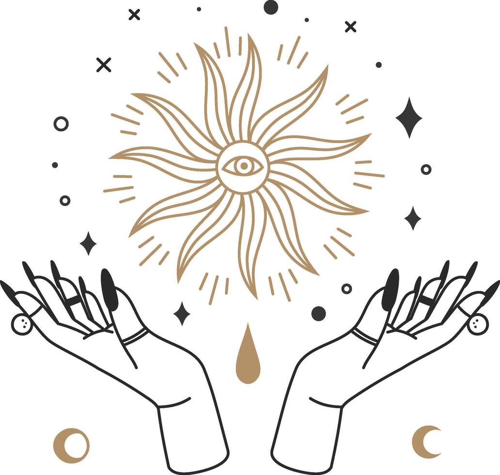 Two hands with black nails and rings holding shining sun with eye of providence, predicting future, esoteric and mystical drawing related to spiritualism and fortune telling vector