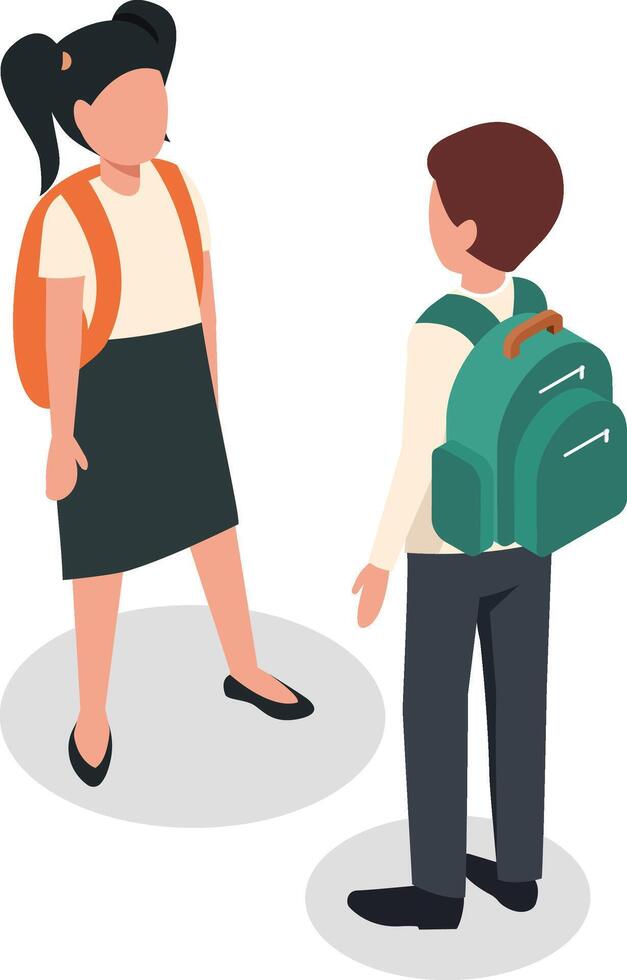 Two elementary school students, a girl and a boy, wearing backpacks, engaging in conversation while standing together, likely before or after class, enjoying their time as friends vector