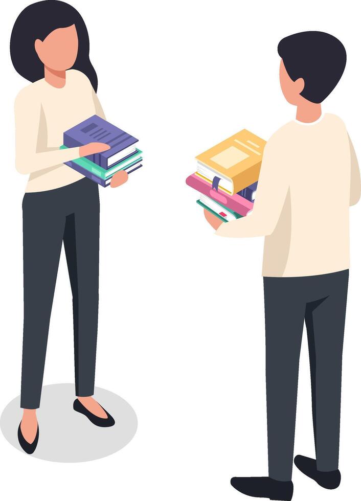 Two office workers are exchanging books, holding piles of colorful volumes in their hands, suggesting collaboration and knowledge sharing within a professional setting vector