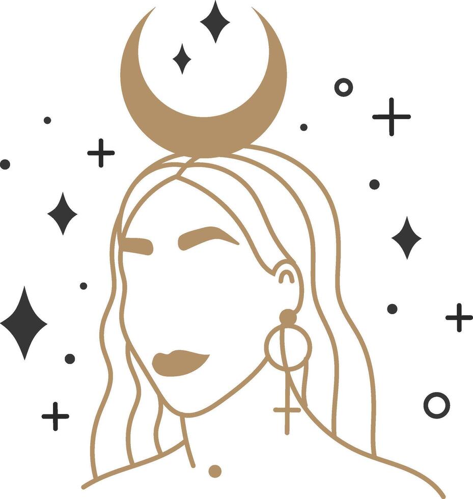 Minimalist line art depicts a woman with long hair, adorned with a crescent moon and surrounded by sparkling stars, symbolizing feminine power and connection to the cosmos vector