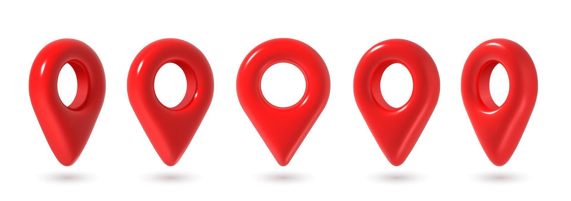 3d pins. Red map location pin in various position, GPS point. Place marker for maps, navigation pointer for app. Destination glossy realistic icons isolated set vector