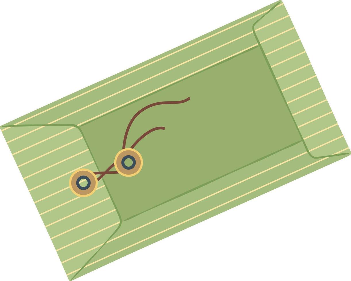 Closed green paper envelope with thin beige stripes and brown string wrapped around two golden buttons, isolated on white background, representing traditional communication or secret message vector