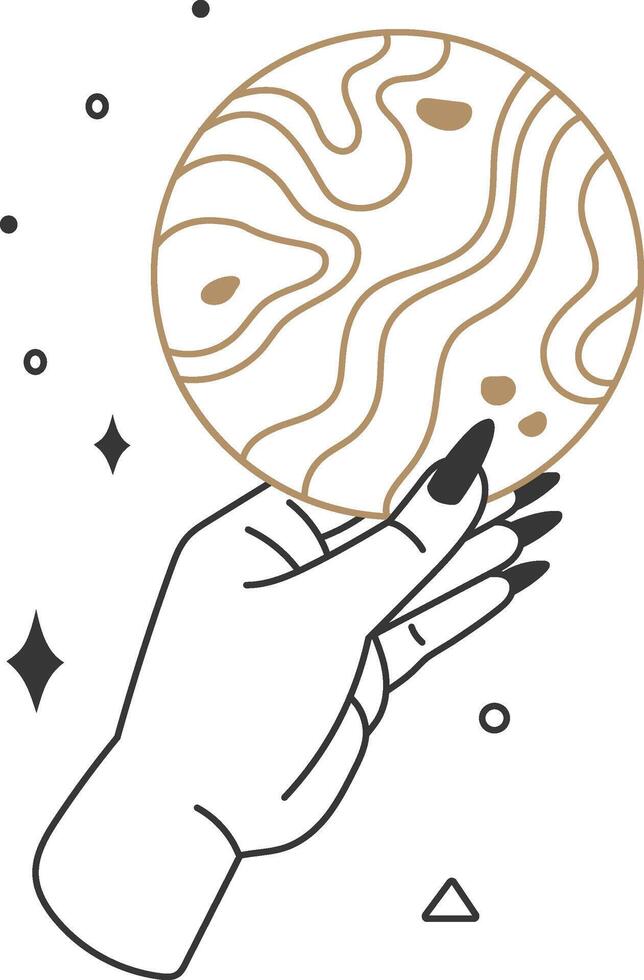 Minimalist line art illustration of a hand with black nails holding a planet with craters, valleys and some stars and geometric shapes around it vector