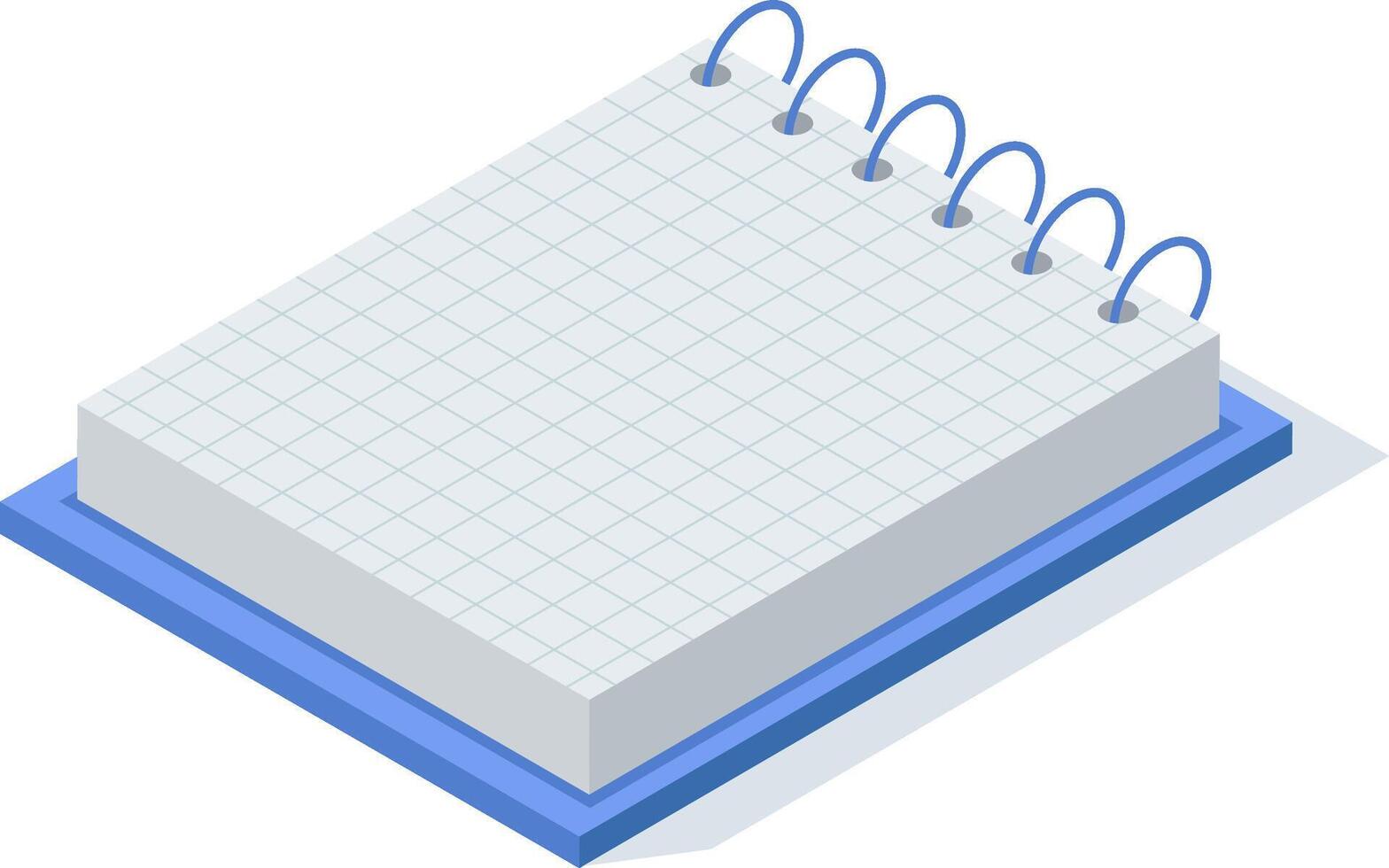 Notepad with blank squared sheets and blue spiral binding placed on a blue support, isometric view, ideal for writing notes, ideas, to do lists or reminders vector