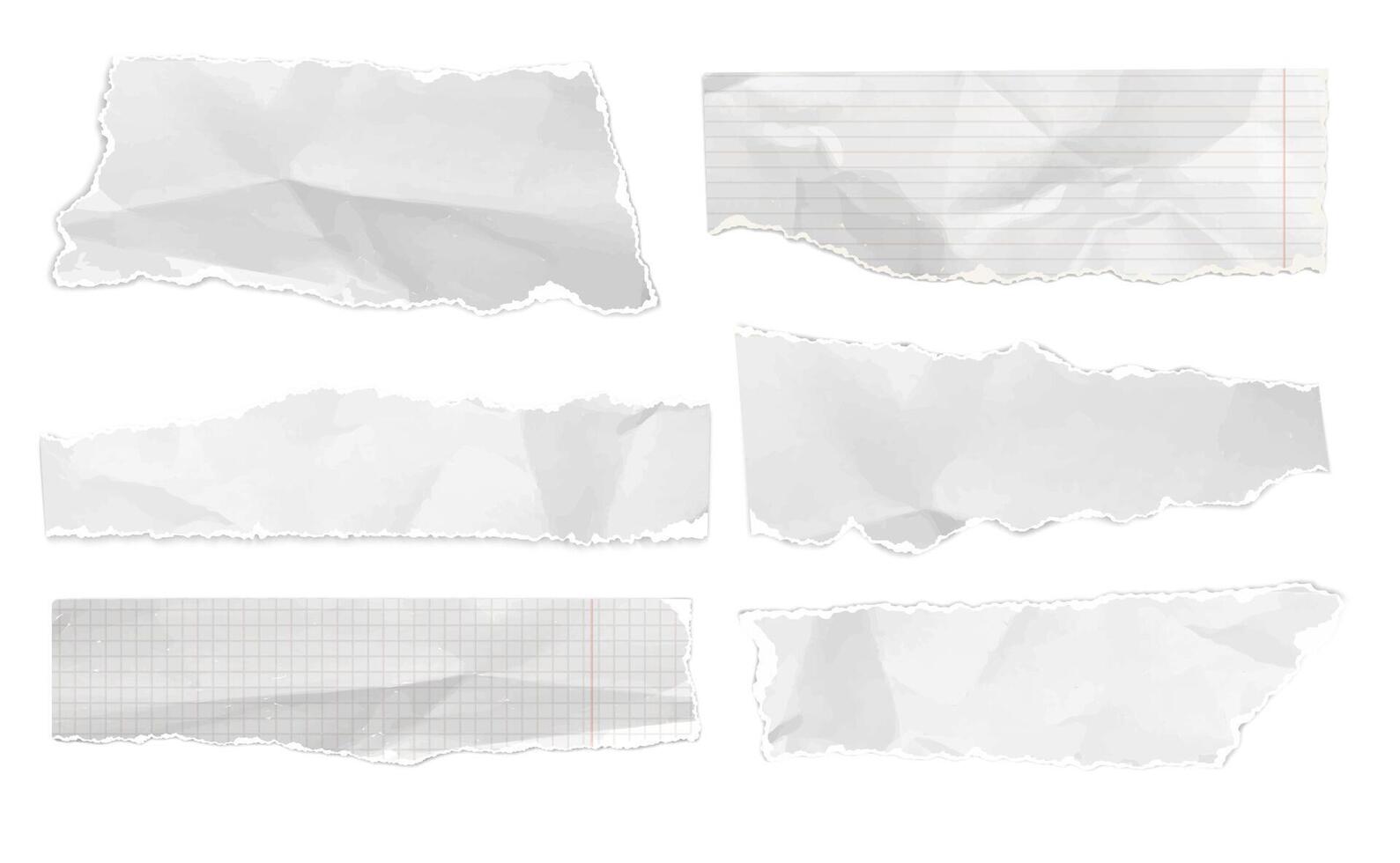 Ripped paper strips. Realistic crumpled paper scraps, white torn notebook sheets with shadow. Ripped papers with crumpled grange texture. Scrapbook banners set vector