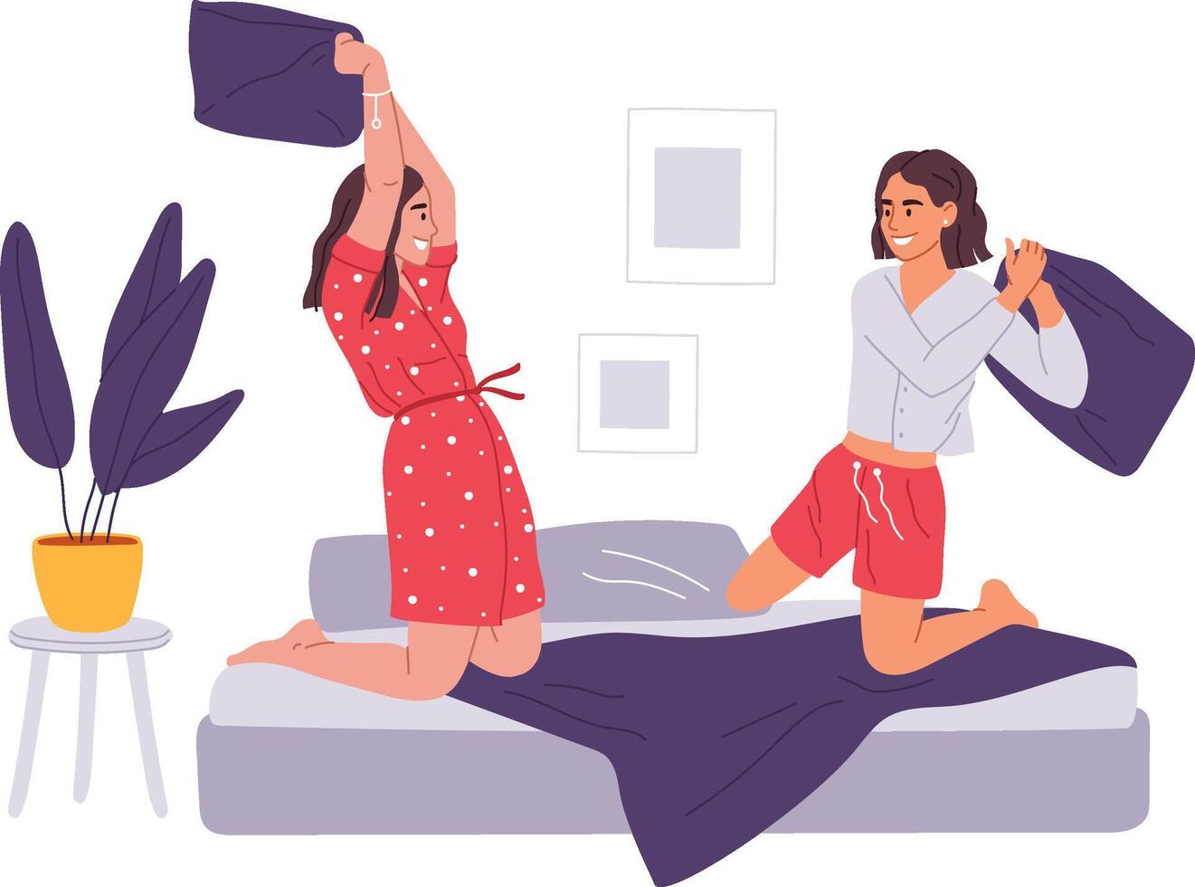 Two cheerful female friends kneeling on a bed, engaging in a playful pillow fight, enjoying laughter and joy during a cozy pajama party in a comfortable home or hotel room vector