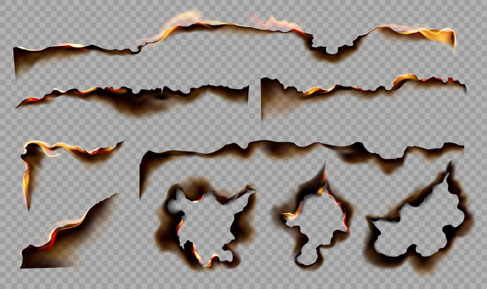 Burning paper borders. Realistic burning paper edges with red flame, frame with charred burnt edge, black ash and fire. Scorched and smoldering holes. 3D set vector