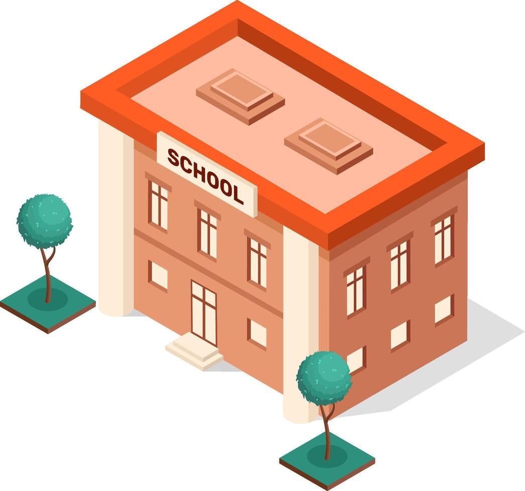 Isometric school building with trees representing education, learning, knowledge, back to school, college, university, academy, institute, campus and student life vector