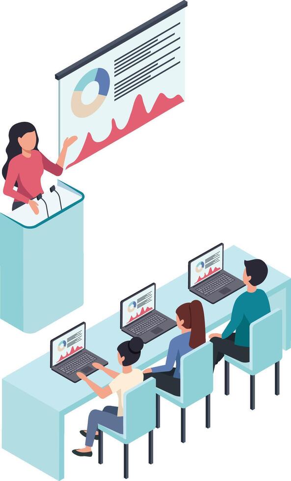 Businesswoman standing on a podium and presenting marketing data analysis to her colleagues sitting at a table with laptops during a meeting, isometric business illustration vector