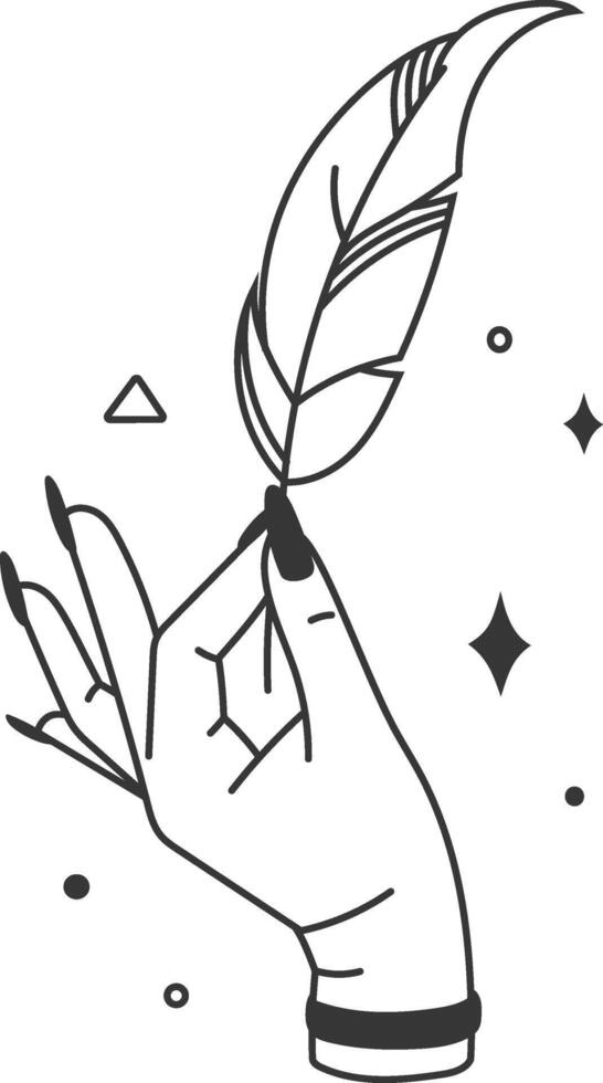 Woman's hand with long nails and a bracelet holding a feather, black and white line art, with sparkles and geometric figures, ideal for esoteric, spiritual, witch, boho, or astrology designs vector