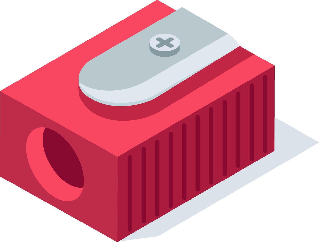 Red pencil sharpener with a metal blade, useful for students and office workers creating a point on pencils, seen from an isometric perspective vector