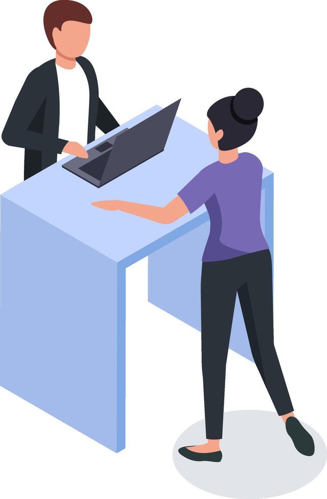 Office colleagues engaging in collaboration on a project, utilizing a laptop at a standing desk, fostering teamwork and embodying modern office practices for enhanced productivity vector