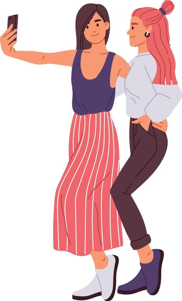 Two cheerful female friends capturing a joyful self portrait with a smartphone, celebrating their friendship and enjoying a fun moment together in a stylish and casual setting vector
