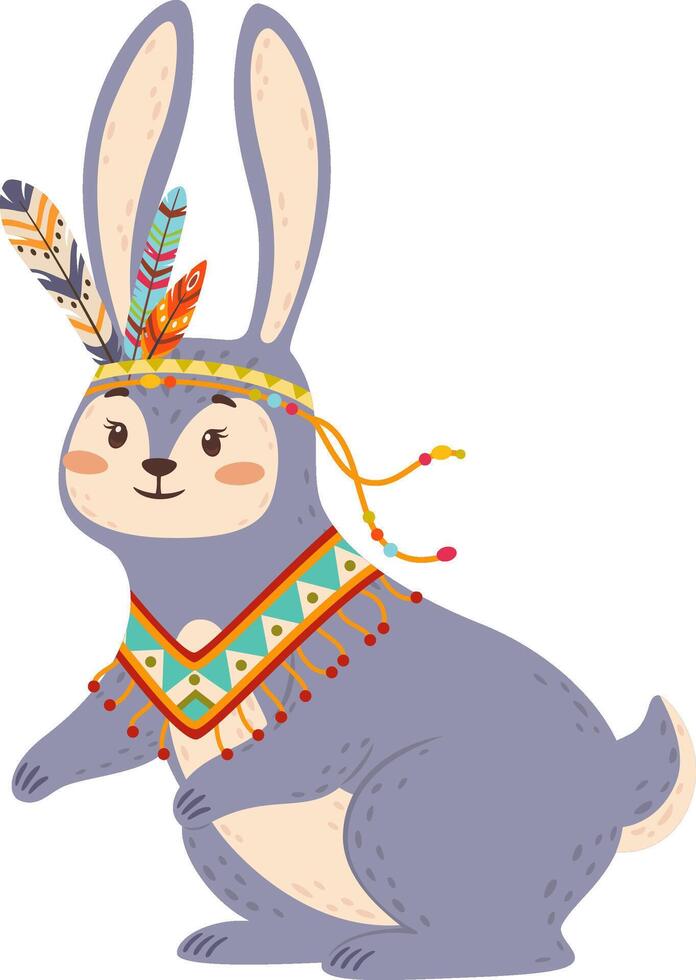 Adorable cartoon illustration of a tribal bunny wearing a colorful feathered headdress and a beaded necklace, adding a touch of whimsy and cultural charm vector