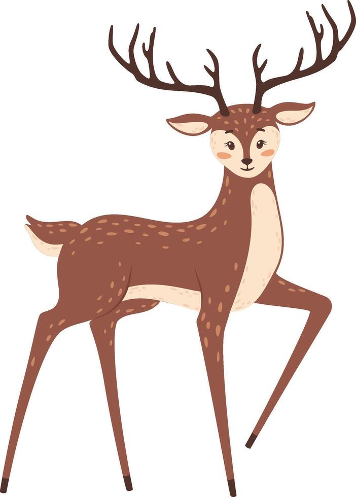 Adorable baby deer walking proudly, displaying long, slender legs and impressive antlers, creating a charming and whimsical scene filled with nature's beauty and innocence vector