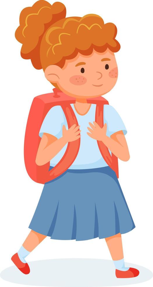 Happy schoolgirl walking to school while carrying a vibrant red backpack, embodying the back to school spirit in an isolated illustration set against a clean white background vector