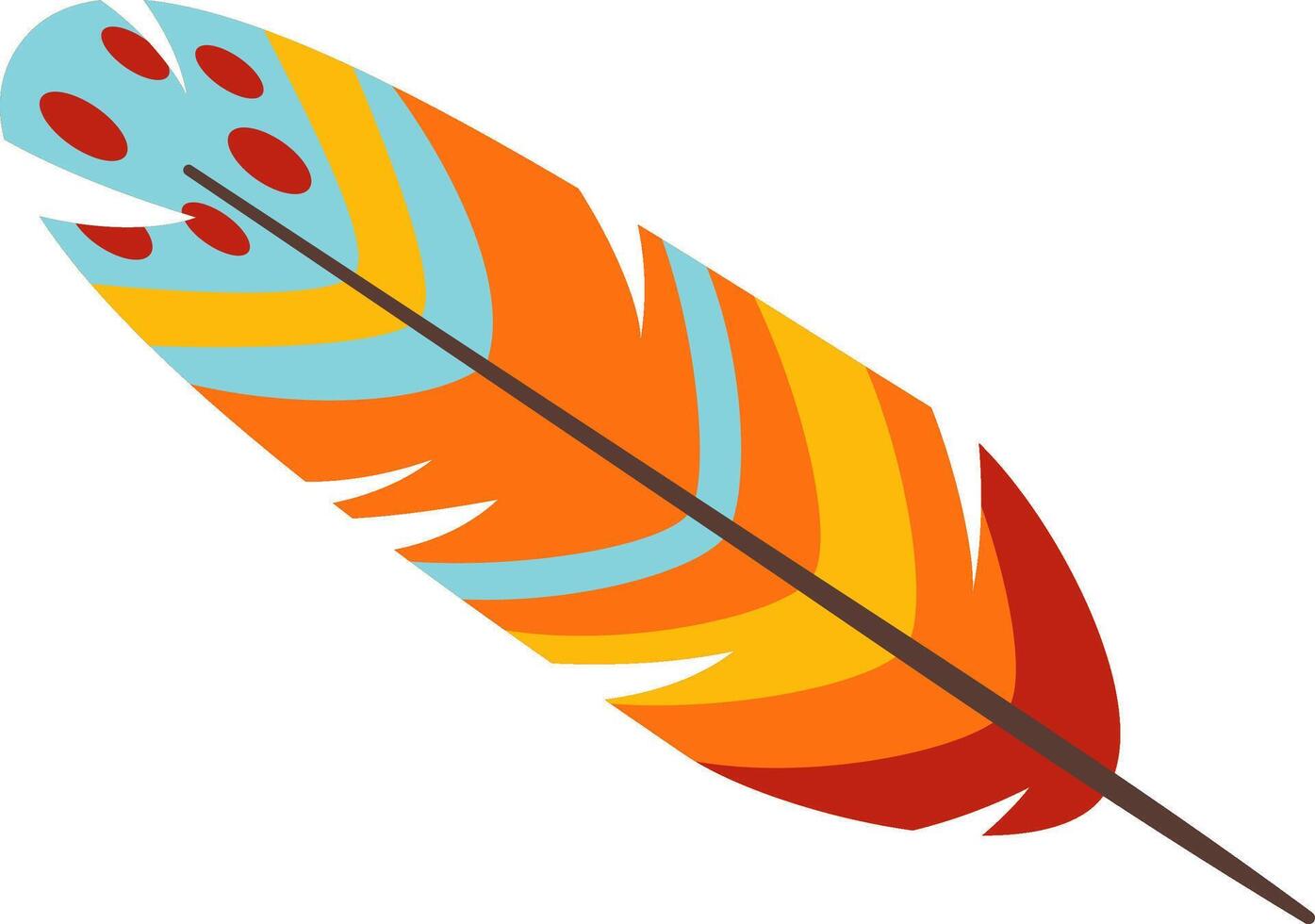 Colorful feather featuring red, orange, yellow, and light blue stripes, isolated on a white background, symbolizing lightness and freedom, perfect for boho designs vector