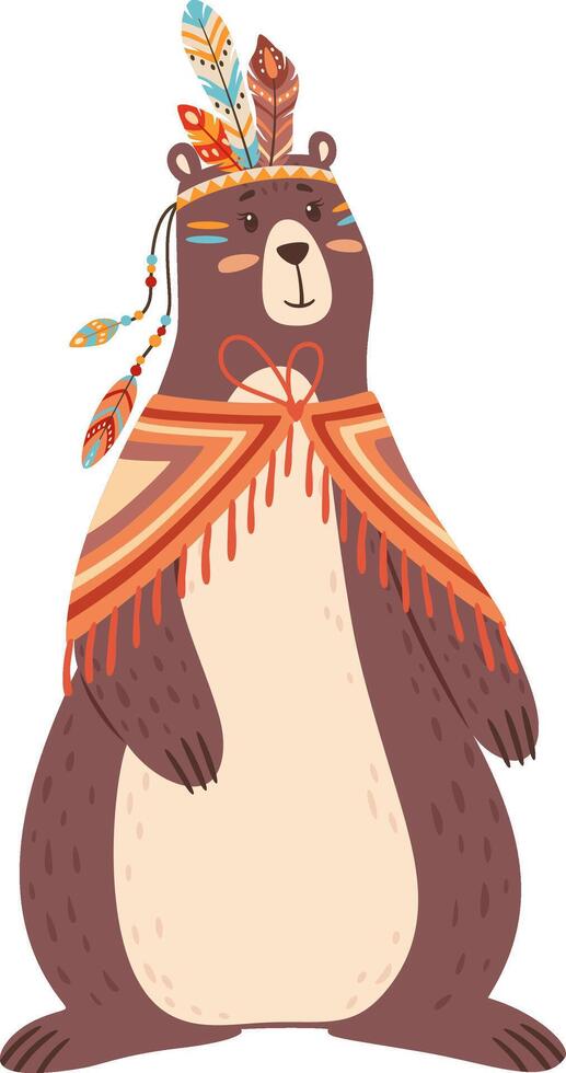 Cute cartoon brown bear wearing a vibrant native American poncho and a feathered headdress, standing proudly against a clean white background, exuding charm and playfulness vector