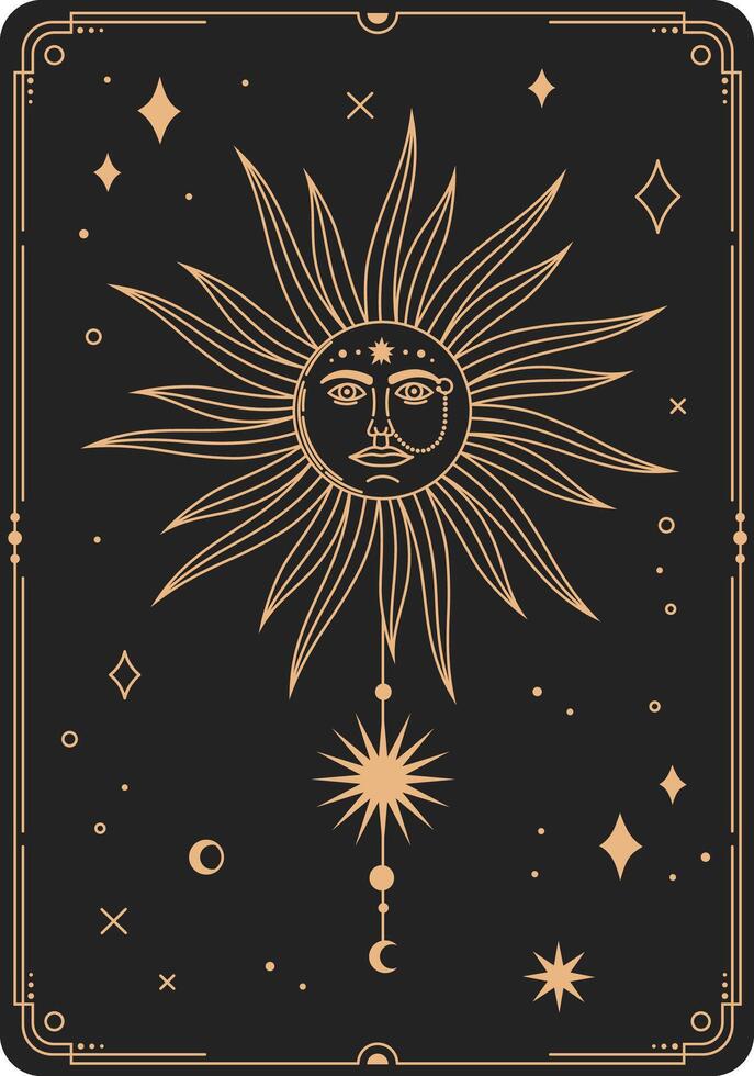 Golden esoteric sun face shining in the dark, surrounded by stars, moons and geometric shapes, creating a mystical and celestial atmosphere vector