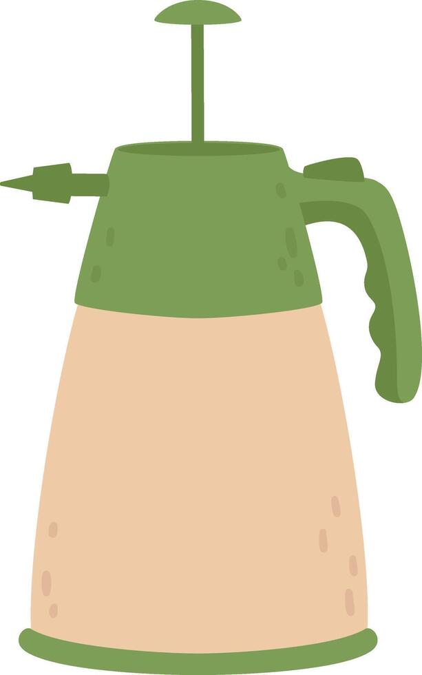 Gardening pressure sprayer with green top and handle and beige body, featuring a nozzle and pump for targeted spraying of plants and flowers vector