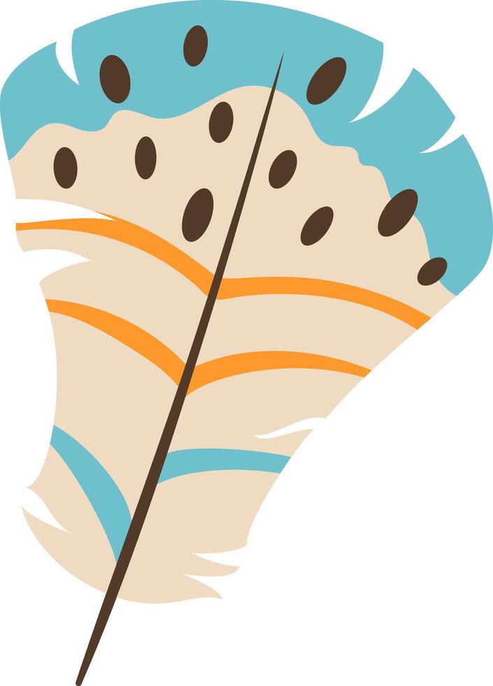 Colorful feather with light brown and white vane, blue and orange stripes, and dark brown dots, offering a vibrant and decorative element for various design purposes vector