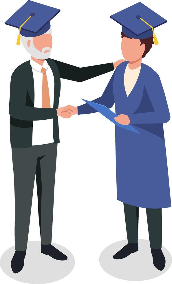 Professor shaking a student's hand and giving him a diploma during a graduation ceremony, celebrating academic achievement and new beginnings vector