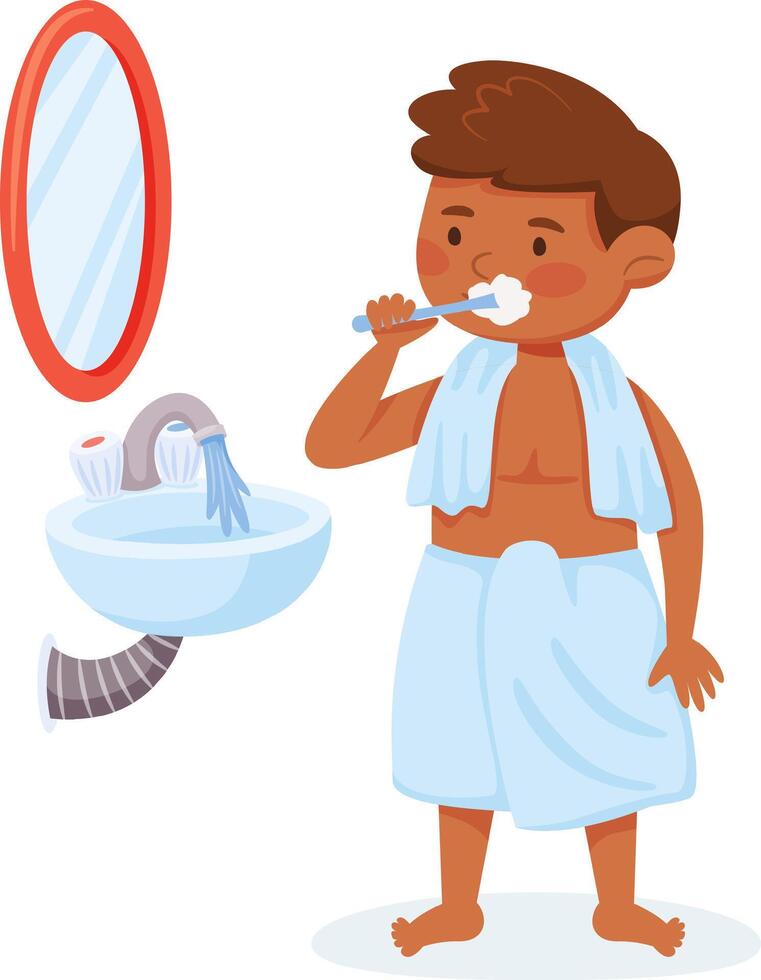 Cute cartoon boy brushing his teeth with toothpaste and toothbrush near sink and mirror, promoting dental hygiene and healthy habits in children vector