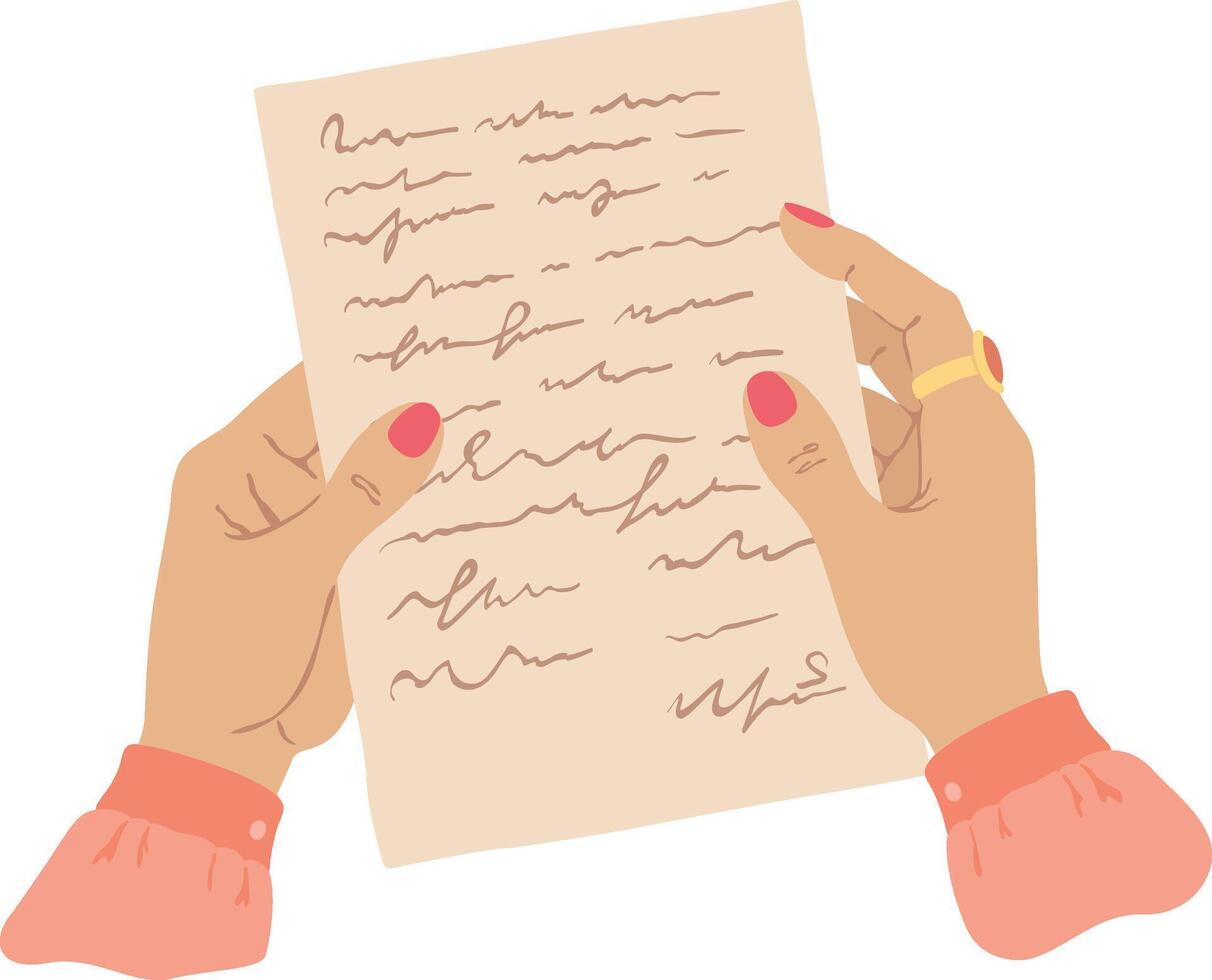 Woman's hands holding a sheet of paper with handwritten text, wearing a ring and nail polish, suggesting an intimate and personal moment of reflection vector