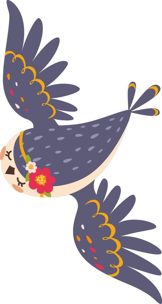 Cartoon illustration of a cute owl flying with flowers on its head and decorated wings, perfect for children's books, greeting cards, or any project that needs a touch of whimsy vector