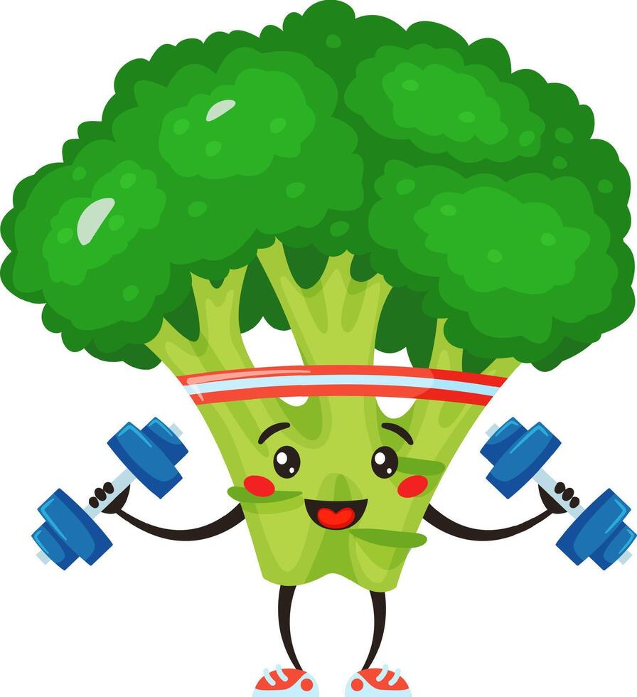 Cartoon broccoli wearing a headband and sneakers, lifting weights with a cheerful smile, embodies healthy eating habits and an active lifestyle in a fun and engaging way vector