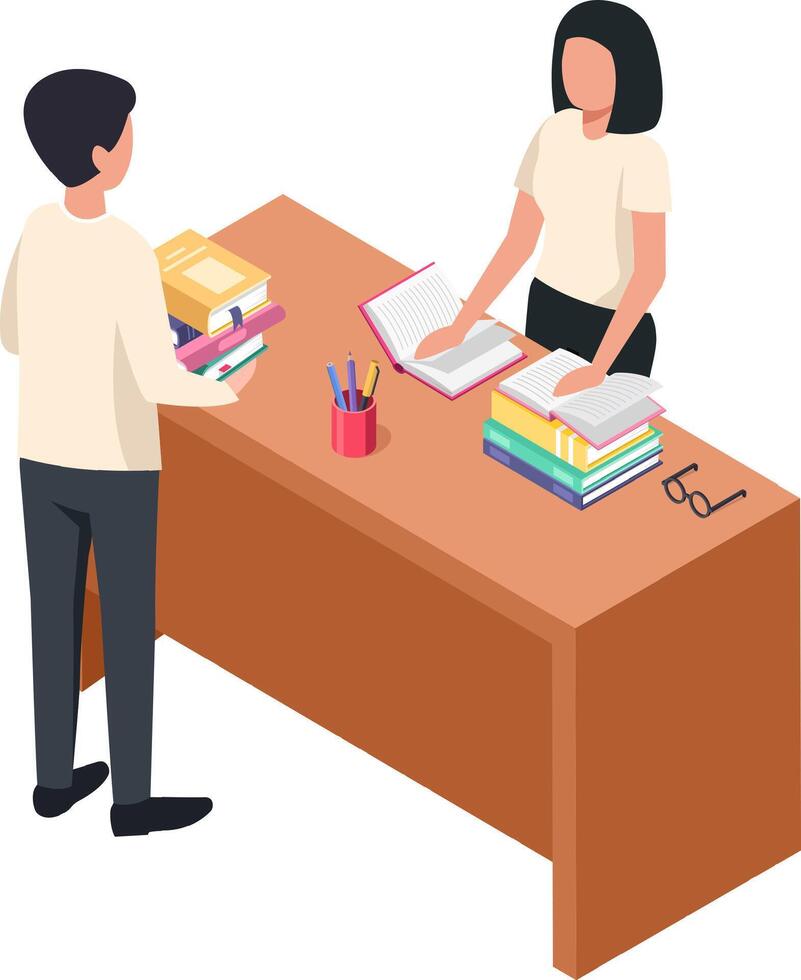 Librarian managing books at the library counter while a student is holding a pile of books, isometric illustration representing library services, education and knowledge vector