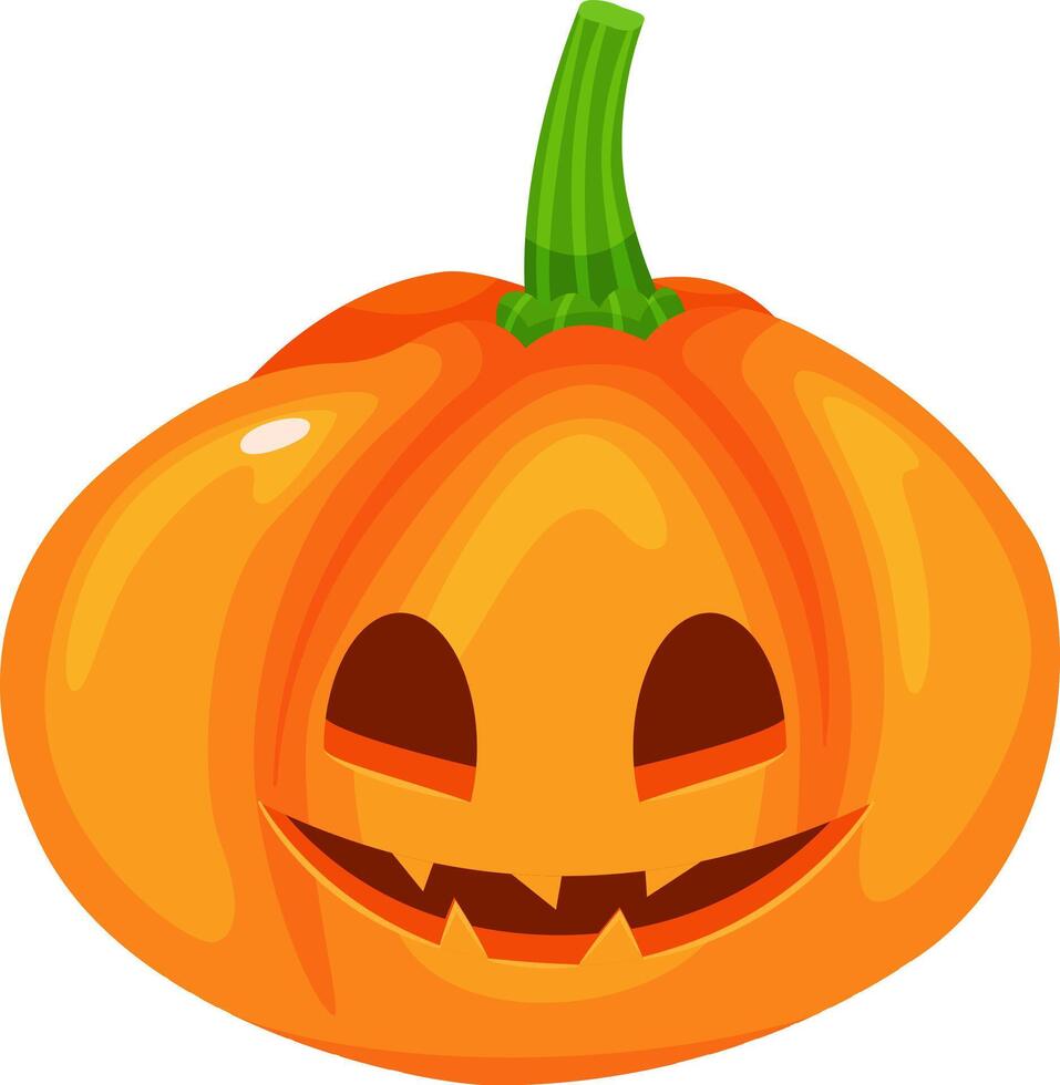 Orange halloween pumpkin with carved smiling face and green stem isolated on white background, representing the spirit of celebration and spooky season vector