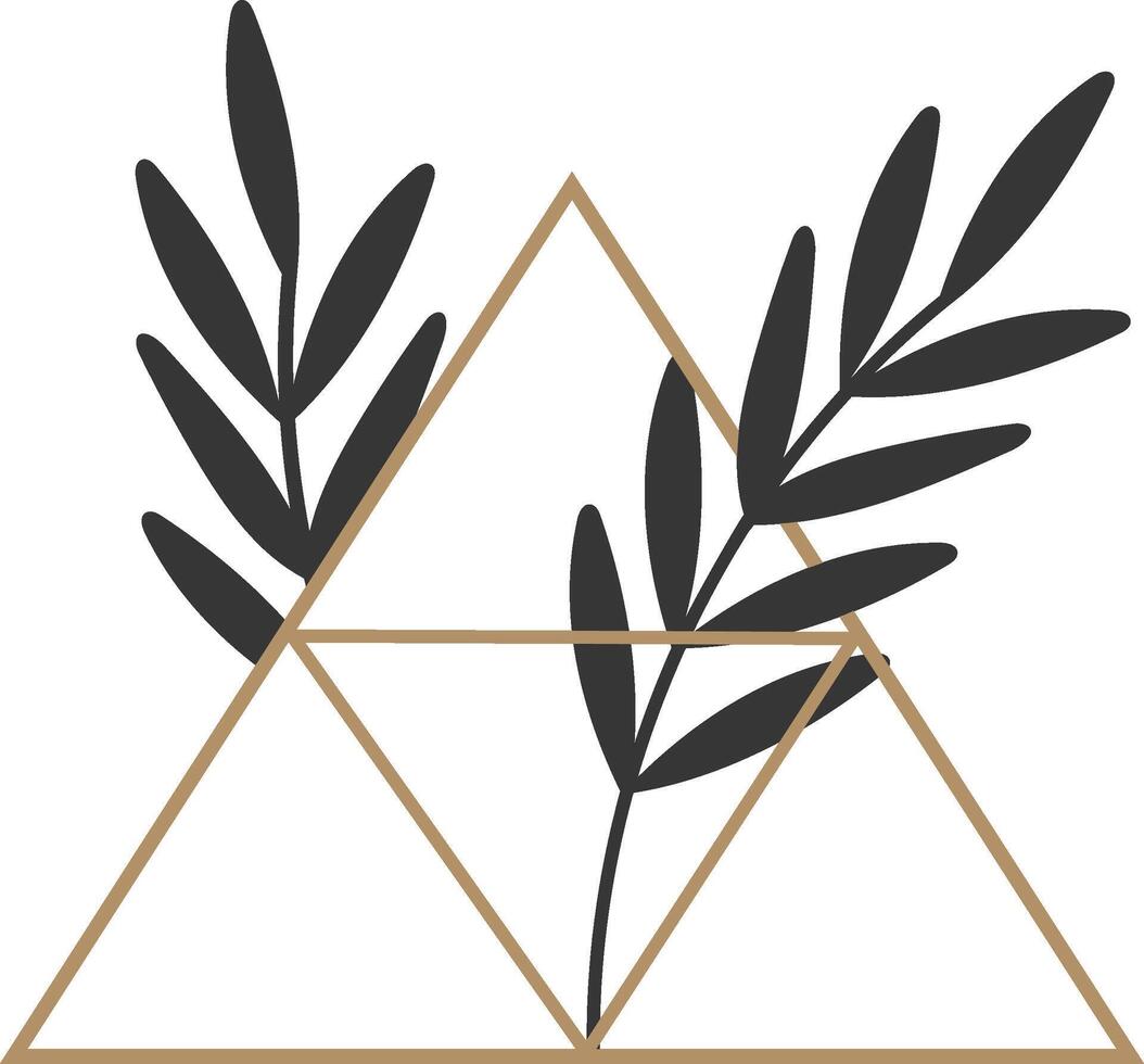 Two dark leaves are intersecting golden triangles, forming a modern and stylish logo, suitable for businesses related to nature, cosmetics, or wellness vector