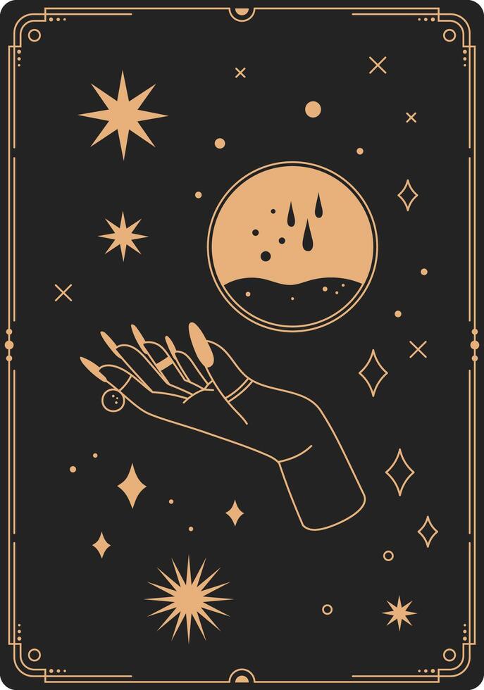 Elegant hand adorned with rings and long nails reaching for a magic potion, surrounded by stars and geometric shapes in a mystical, boho style vector