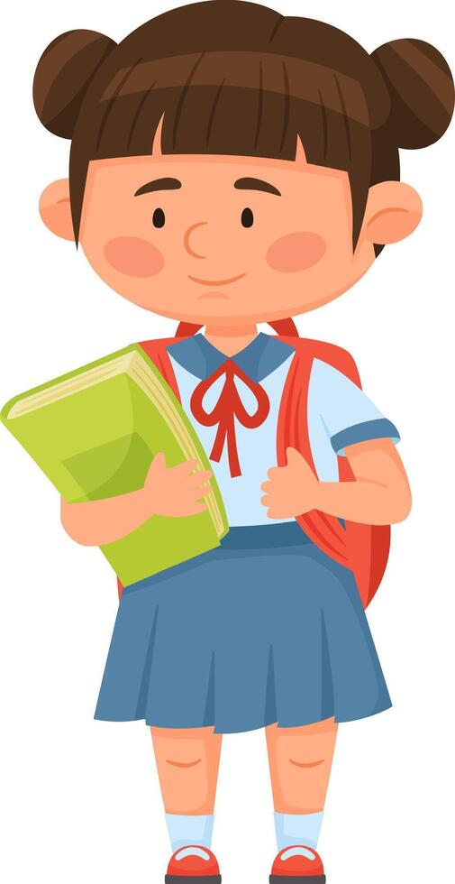Cute asian schoolgirl wearing uniform, holding book and backpack, smiling and ready for school, back to school concept, education, learning, childhood, student, pupil vector