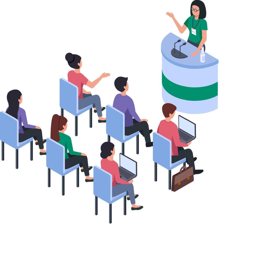 Audience attending a business conference following a presentation given by a speaker, some people are taking notes on their laptop, isometric view vector