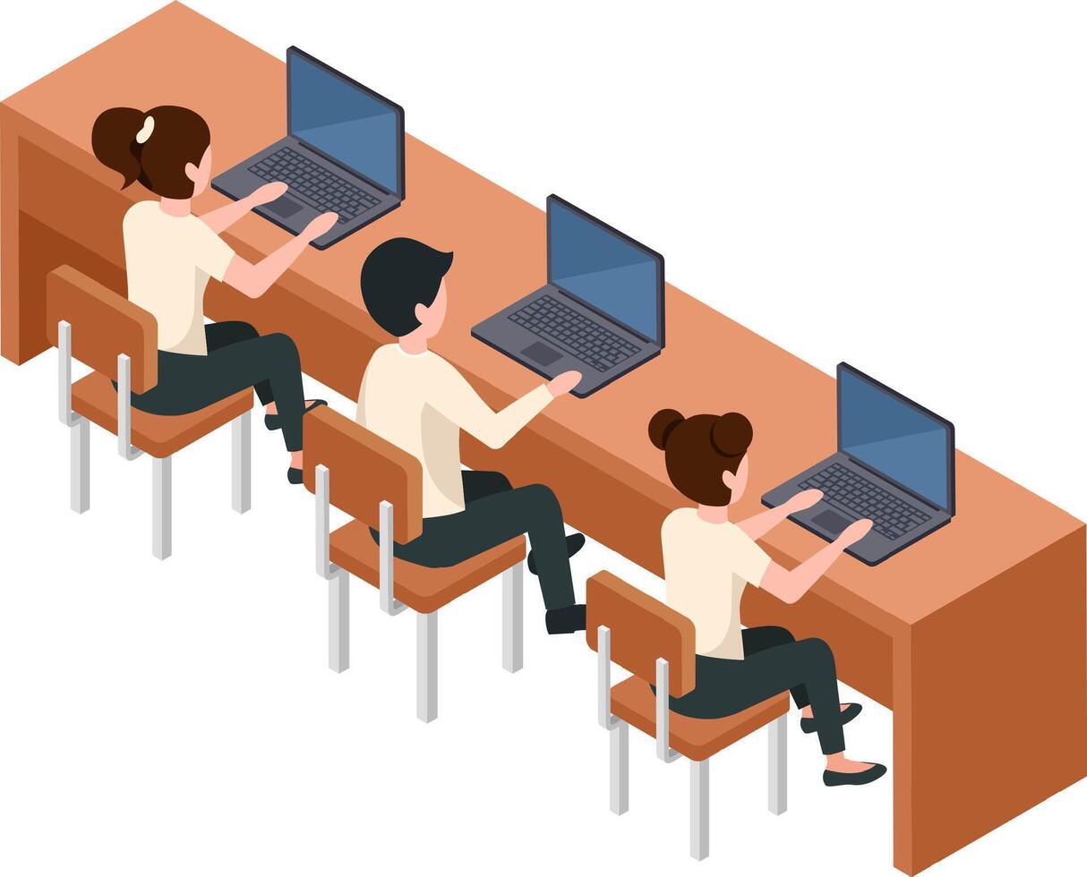 University or high school students sitting at desks and using laptops, studying together in an online class or doing research for a project, isometric view vector