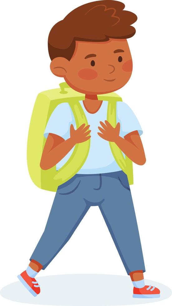 Young boy going to school carrying a backpack in a cartoon style illustration isolated on a white background, perfect for educational or back to school themes vector