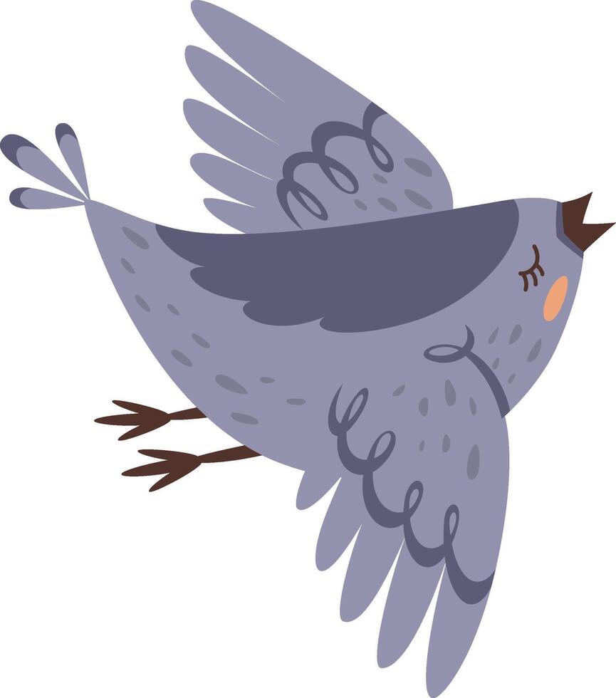 Charming purple bird flying gracefully with wings spread wide, singing a delightful melody while eyes remain closed, embodying joy and tranquility in a vibrant cartoon illustration vector