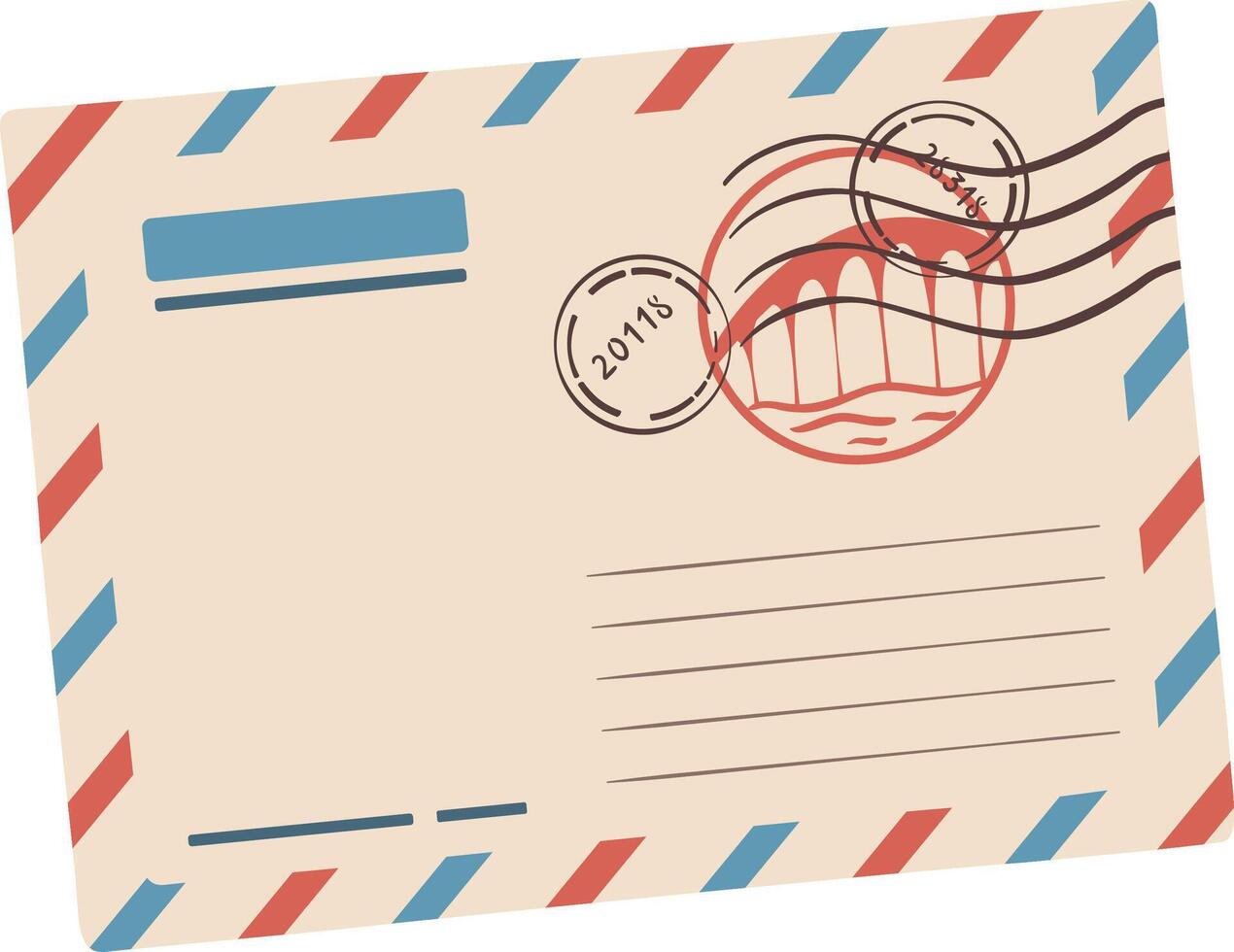 Beige vintage airmail envelope with red and blue edges, featuring a circular stamp of a bridge over water and various postmarks, evoking nostalgia for historical communication vector