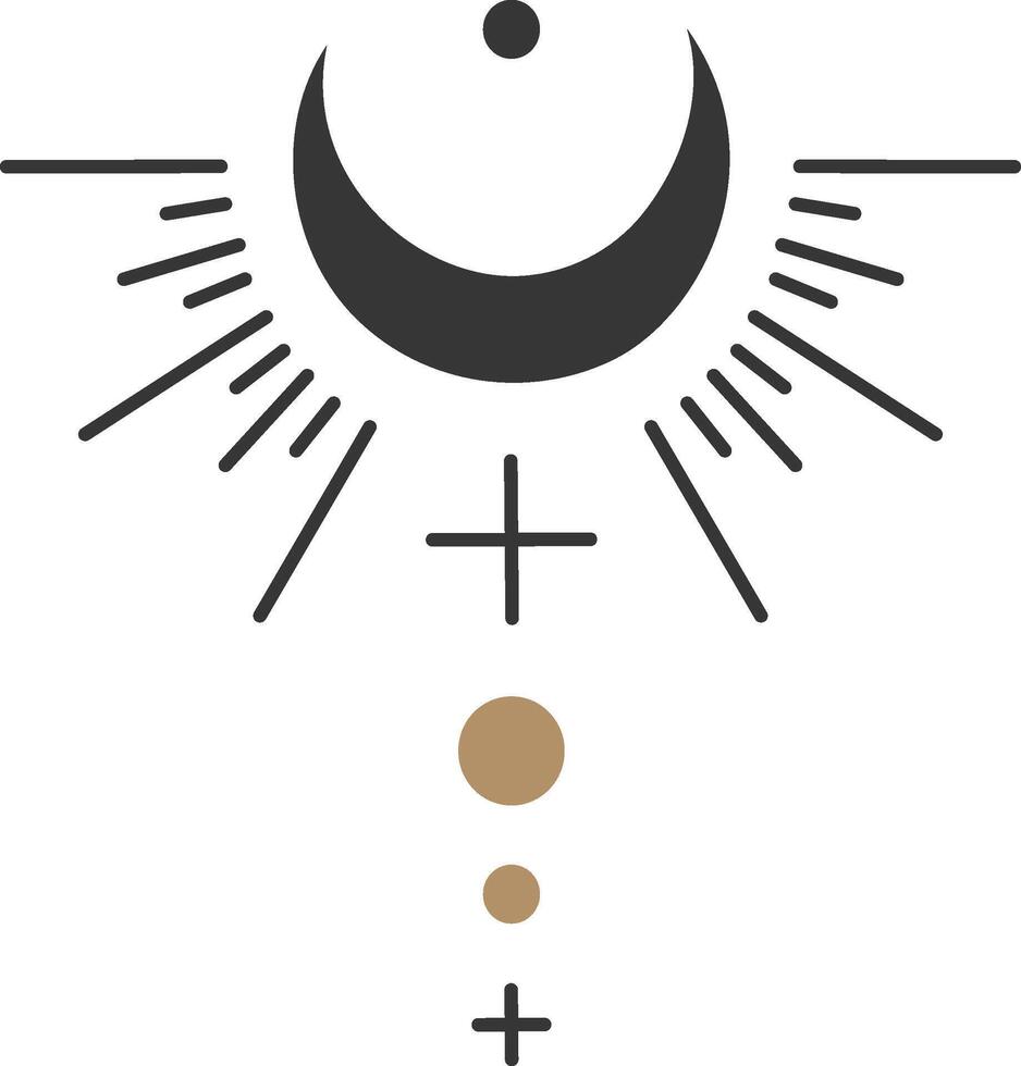 Minimalist design of a crescent moon shining with sun rays, crosses and dots, forming a mystical symbol in boho style, ideal for esoteric and spiritual concepts vector