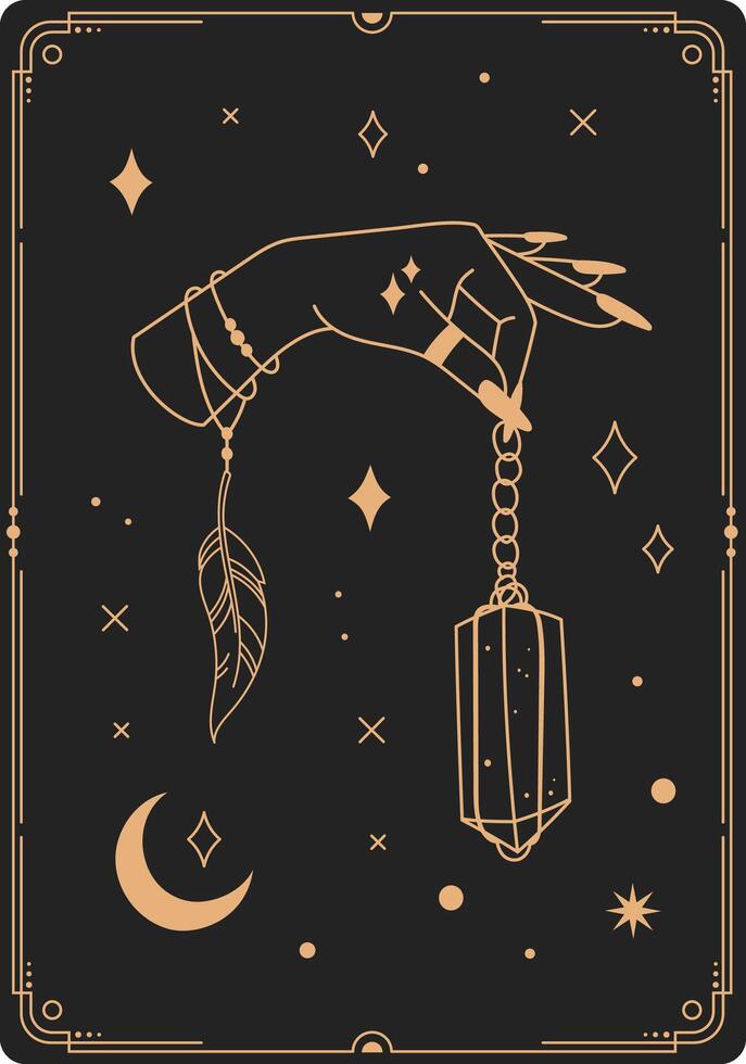 Elegant golden line art illustrating a fortune teller holding a crystal pendulum, surrounded by a feather, moon, stars, and geometric shapes on a black background vector